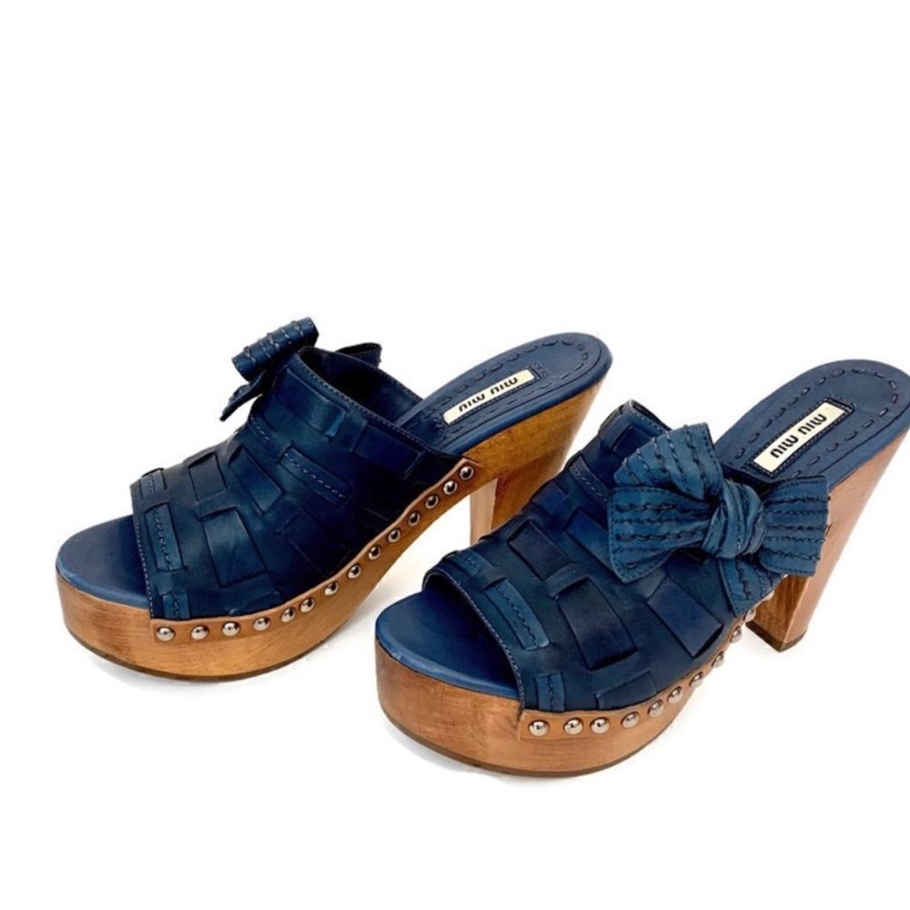 NEW! Miu Miu Blue Leather Platform Sandals Sz 7.5